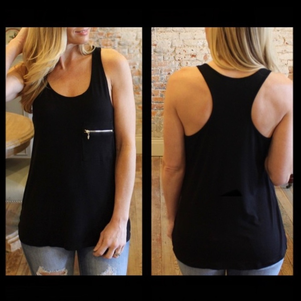 Black Zipper Pocket Racer Back Tank
